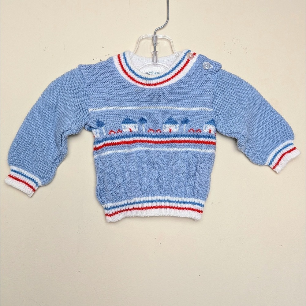 Vintage Glo Knit Cottage Village Blue‎ Baby Sweater Made in Japan 12 Months